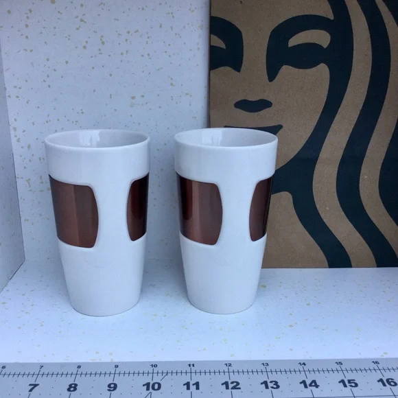Starbucks Copper Band Tumbler Mug Ceramic 2012 White 10 Oz Mermaid Logo Cups - Picture 7 of 9